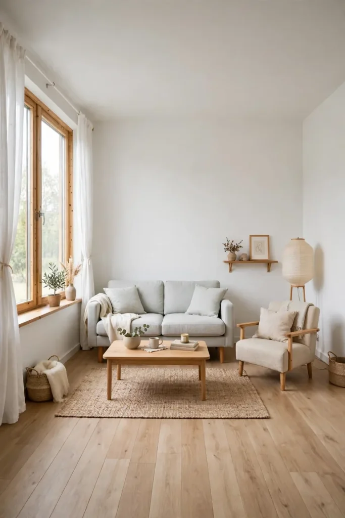 Full room view of a small Scandinavian living room with a compact pale grey sofa on raised wooden legs