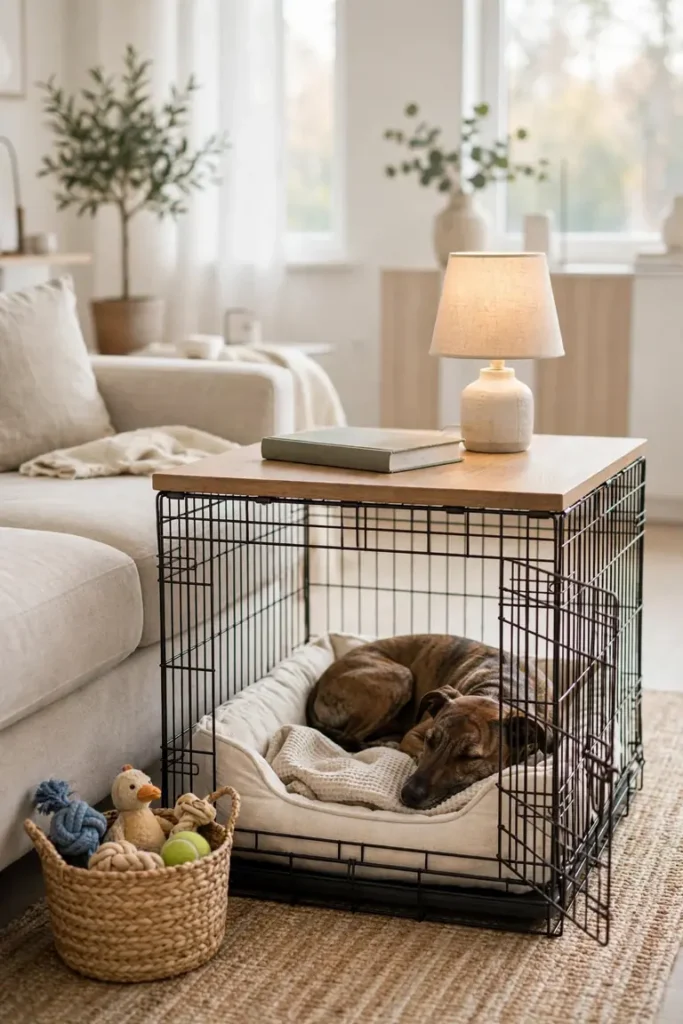 Dog crate used as a side table beside a sofa with a wood top, lamp, and toy basket