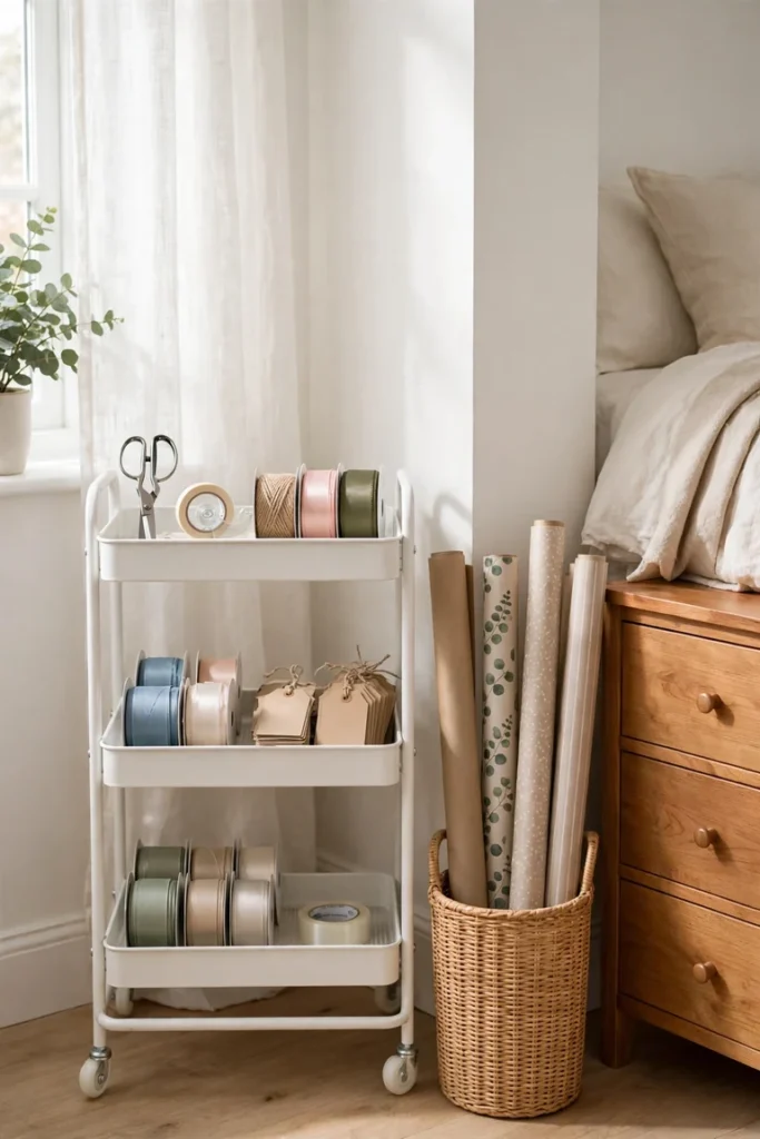 Three tier rolling cart gift wrapping station in a bedroom corner with wrapping paper rolls in a basket beside it