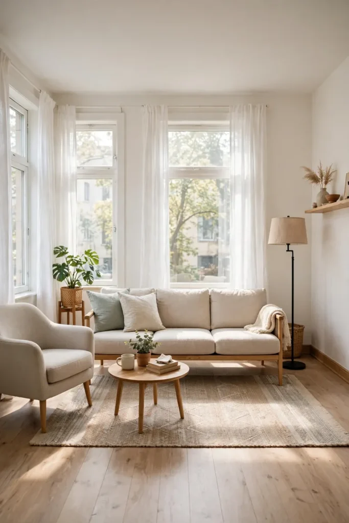 Full room view of a small living room with a slim sofa on legs and floor visible on all sides