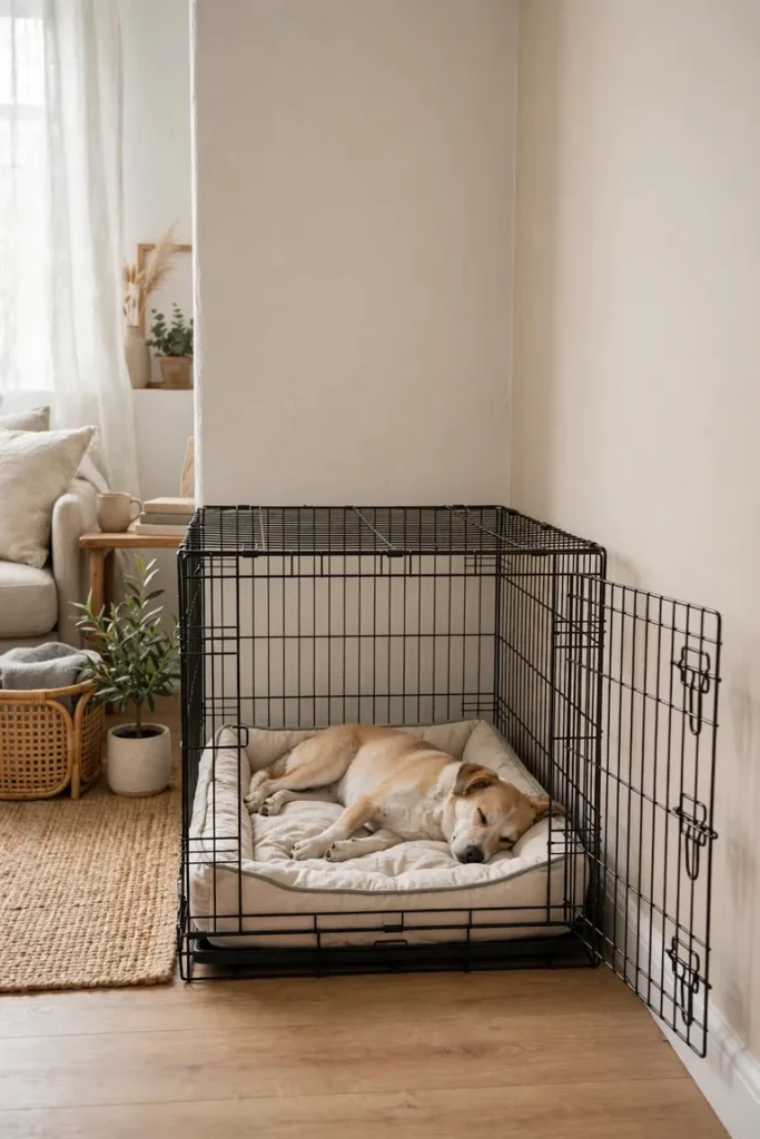 Corner crate nook with a washable bed inside and the door opening along the wall