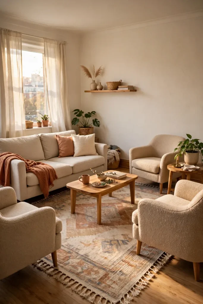 Full living room view with a large rug reaching under the front legs of the sofa and chairs
