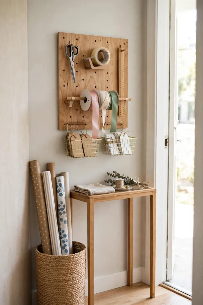 Pegboard gift wrapping station above a slim console table with hooks, baskets, and ribbon spools