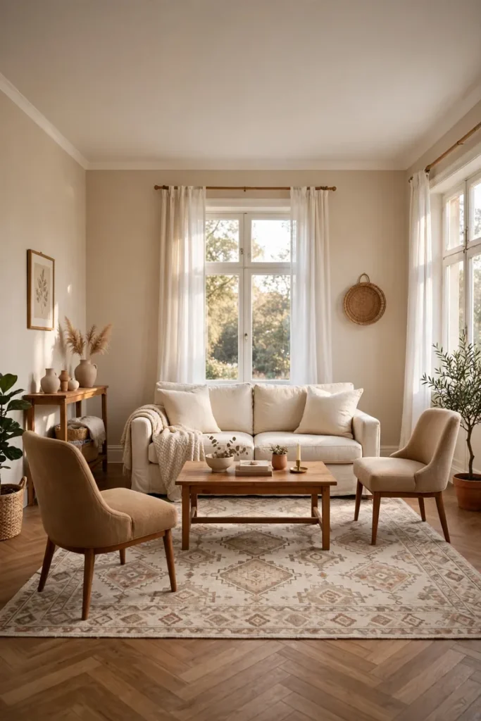 Full living room view with a large patterned rug under the front legs of a cream sofa and chairs