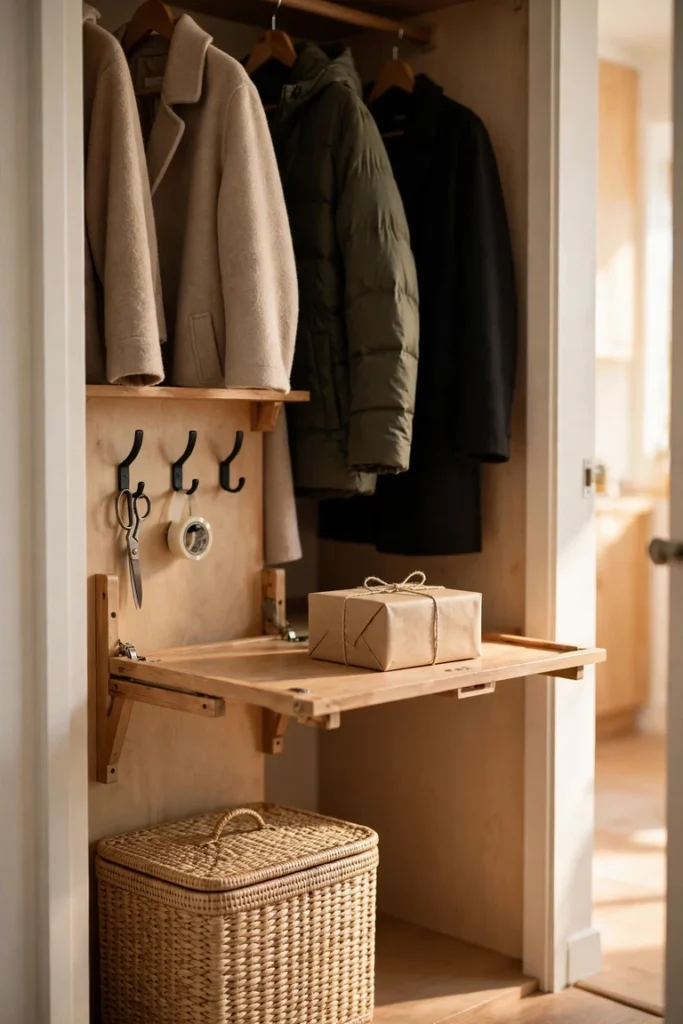 Closet nook gift wrapping station with a fold down shelf, side wall hooks, and a floor bin