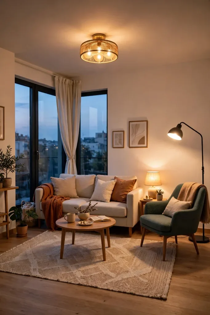 Full living room view in the evening with layered lighting from a ceiling light, table lamp, and floor lamp
