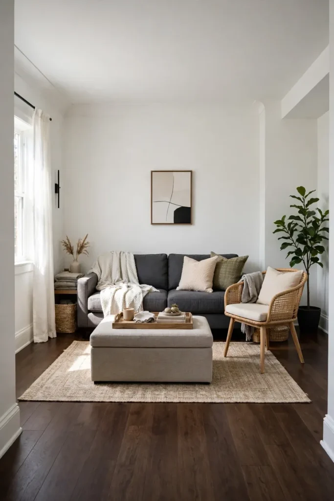 Full modern living room view with a fabric storage ottoman and tray serving as the coffee table