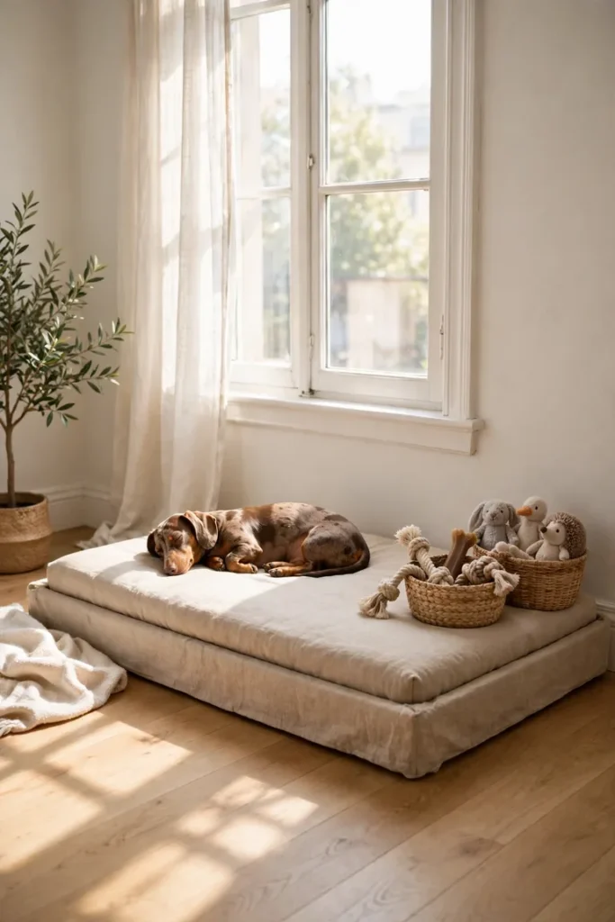 Low dog bed under an apartment window with two baskets of toys at one end