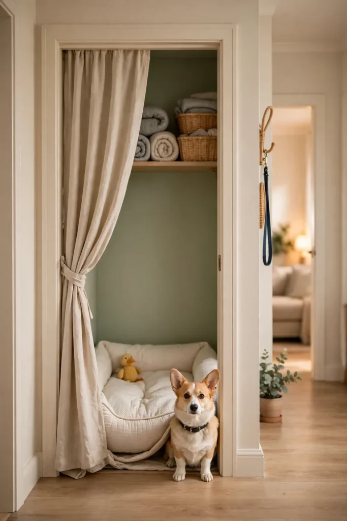 Spare closet turned into a dog den with a bed inside and the door removed