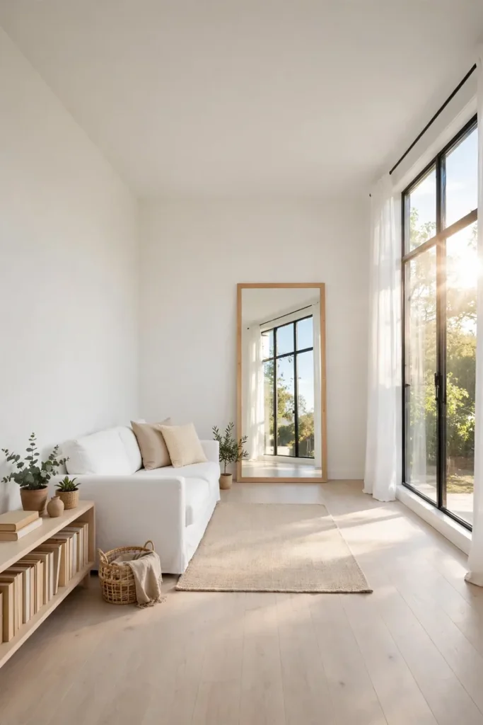 Full minimalist living room view with a tall mirror leaning opposite the window reflecting daylight