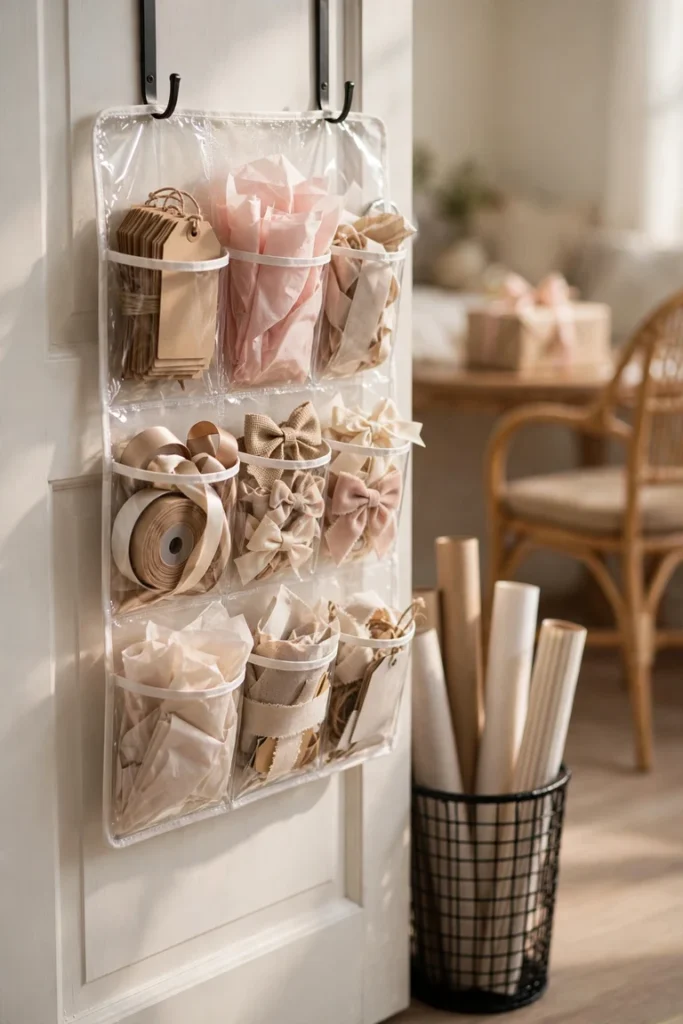 Over the door organizer gift wrapping station with clear pockets for tags, ribbon, and tissue paper