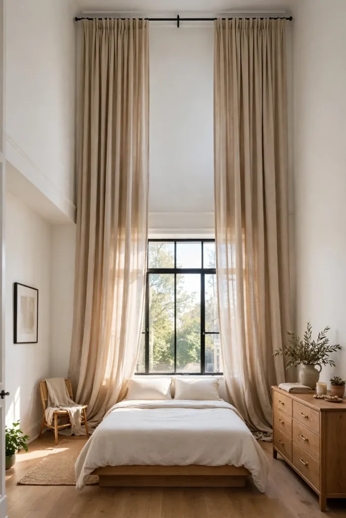 Full bedroom view with tall curtains hung near the ceiling falling to the floor past the window frame
