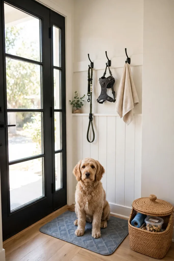 Entryway dog station with leash hooks, a paw towel, and a rest mat by the door