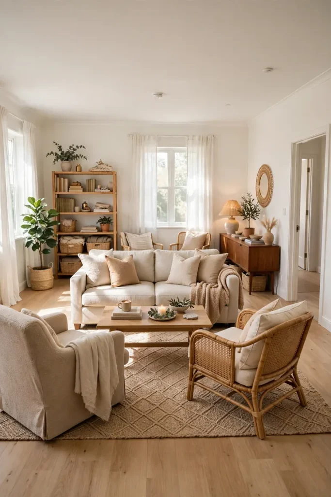 Full living room view with the sofa and chairs pulled in from the walls and grouped on a rug