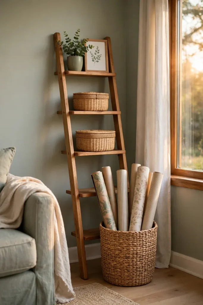 Leaning ladder shelf gift wrapping station in a living room corner with a basket of paper rolls