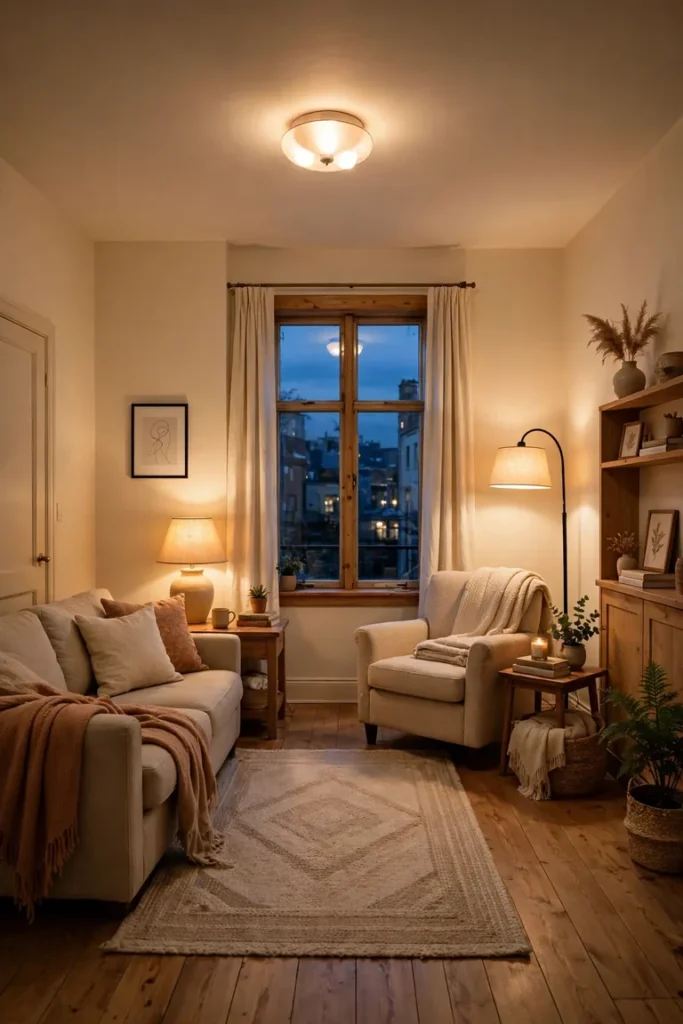 Full living room view in the evening with layered lighting from lamps at different heights