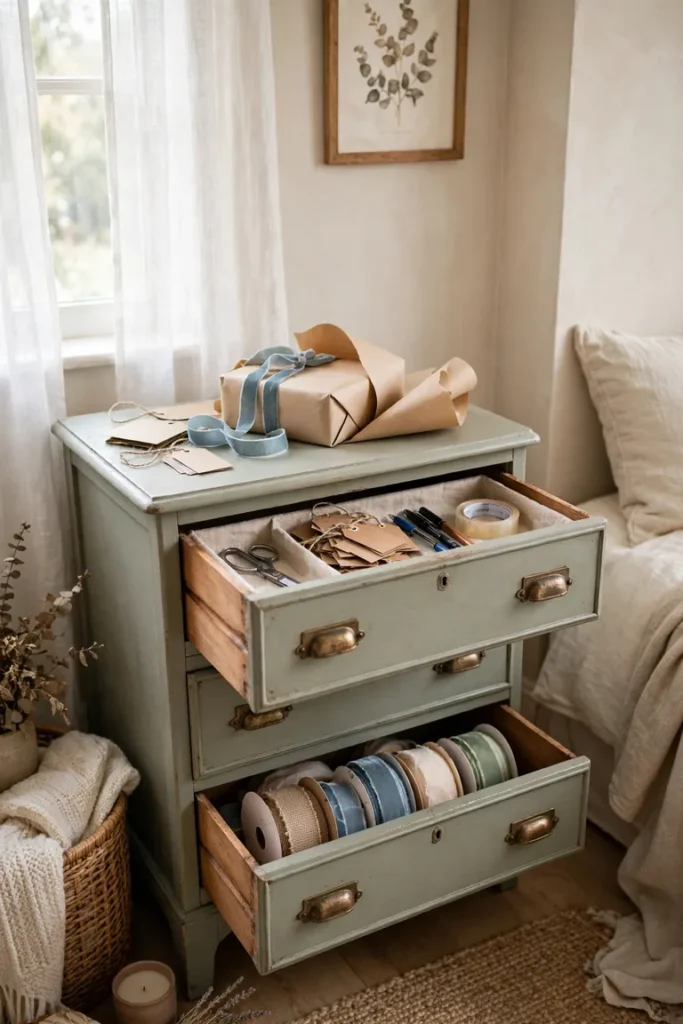 Small dresser used as a wrapping chest with an open drawer of scissors, tape, and gift tags