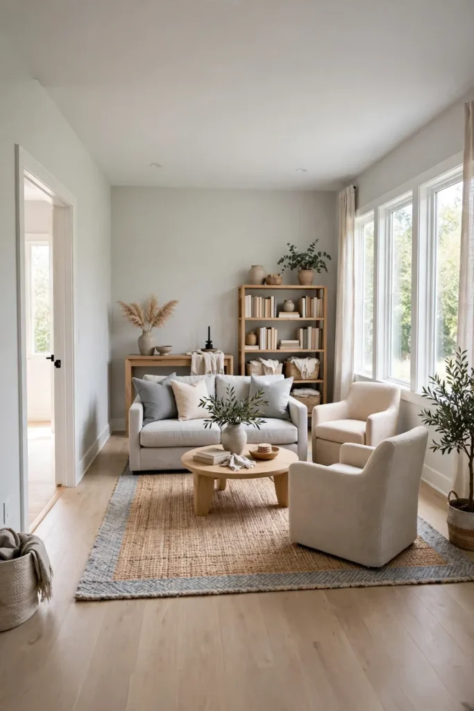 Full living room view with furniture floated off the walls on a rug and a clear walkway