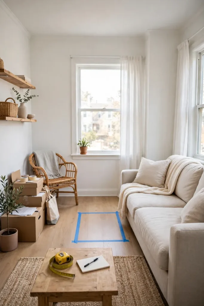 Full living room view with painter's tape marking a furniture footprint on the floor beside the sofa
