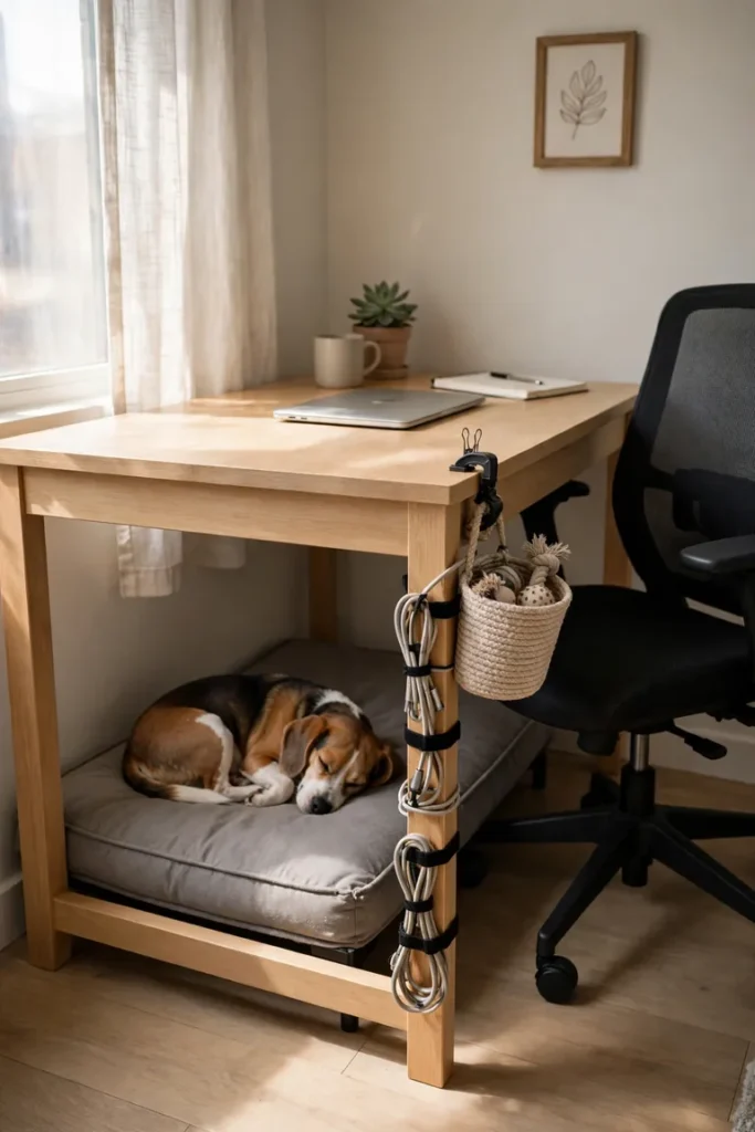 Dog bed nook under a home office desk with cords tied up along the desk leg