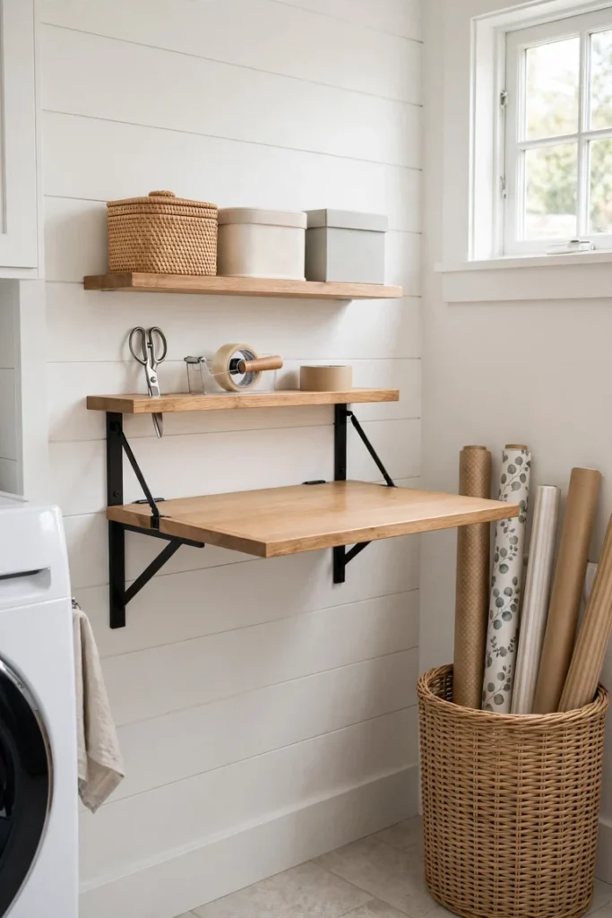 Wall mounted drop leaf table gift wrapping station in a laundry room with shelves and a roll bin