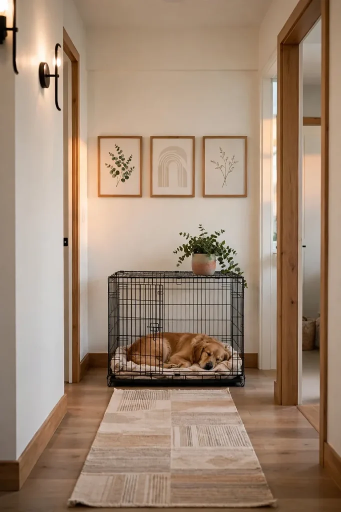 Dog crate at the end of a hallway with framed prints styled on the wall above it