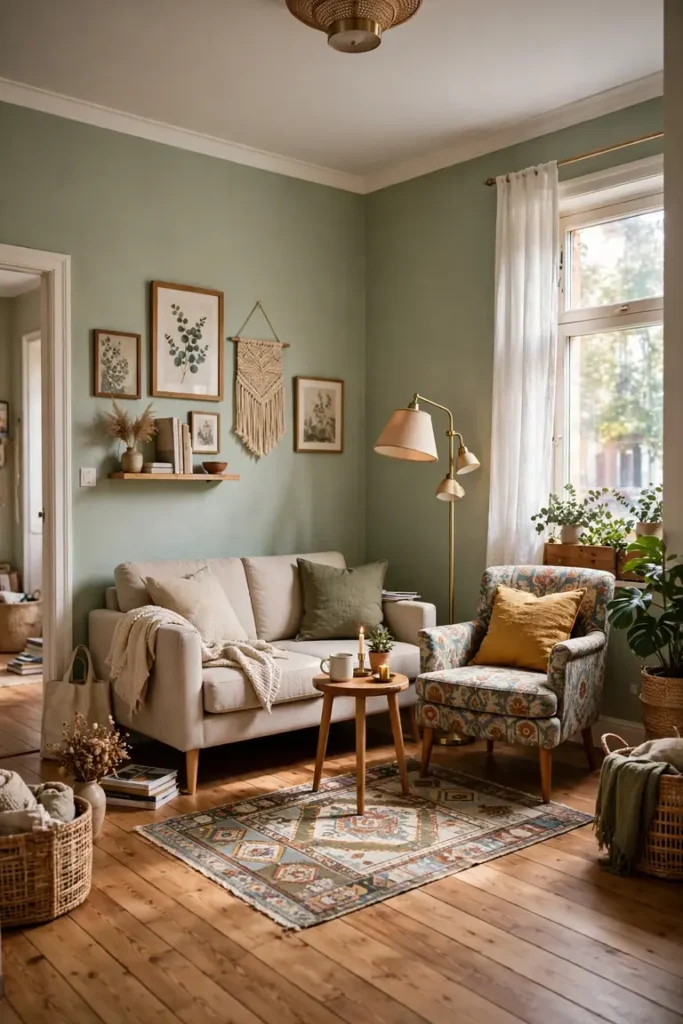 Full eclectic living room view with a compact sofa and a vintage armchair in a different fabric