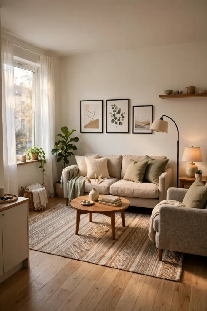 Full living room view with a planned layout of sofa, rug, lamps, and decor each in a settled place