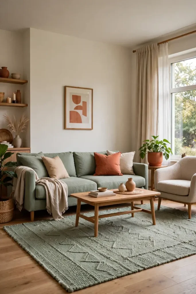Full living room view with one main color family, a supporting color, and one accent repeated three times