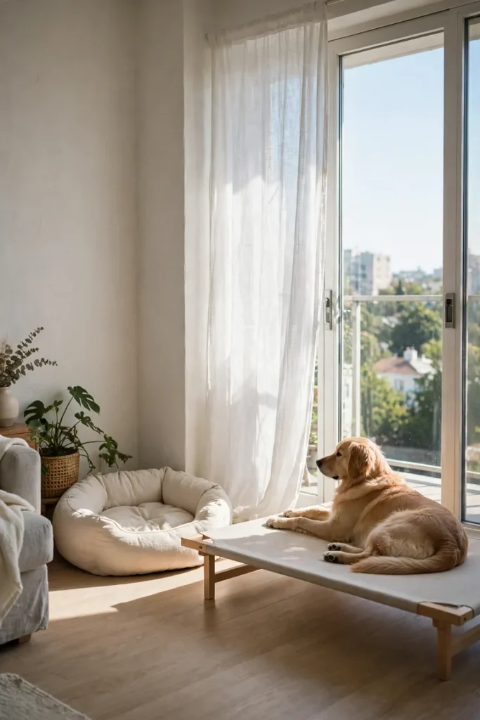 Raised cot dog bed beside a sunny balcony door with a plush bed in the shade