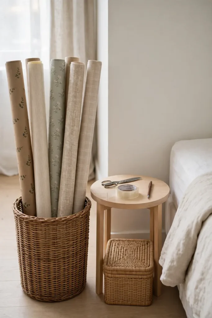 Tall basket of wrapping paper rolls beside a tiny side table in a small room corner