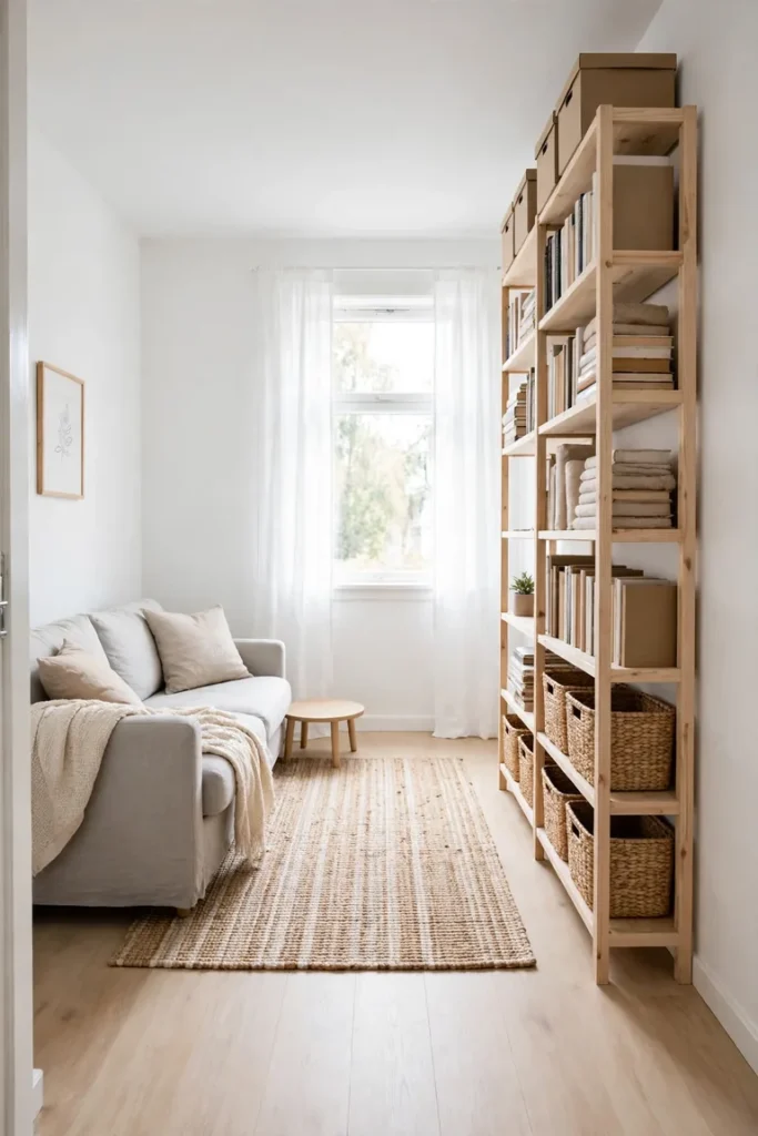 Full Scandinavian living room view with a tall narrow bookcase and baskets carrying the storage