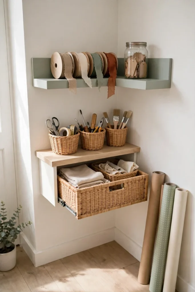 Corner floating shelves gift wrapping station with ribbon, tool baskets, and a pull out bin below