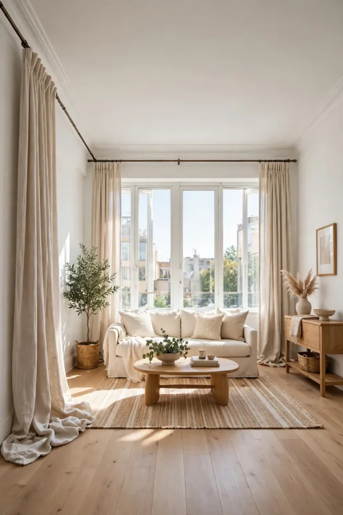 Full living room view with curtains hung near the ceiling on a wide rod falling to the floor