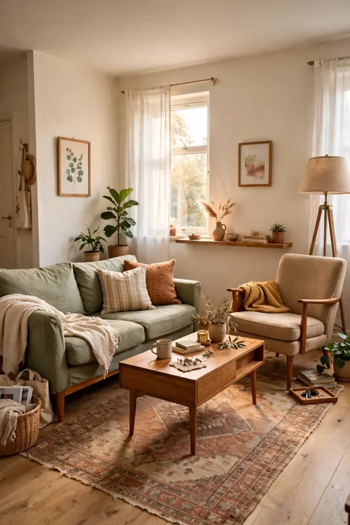 Full living room view with mixed furniture pieces sharing wood tones and leg styles without matching