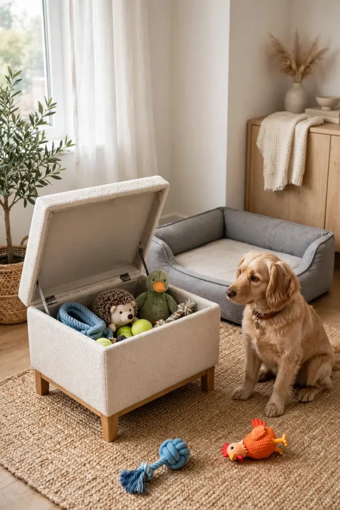 Storage ottoman filled with dog toys beside a dog bed in a living room corner