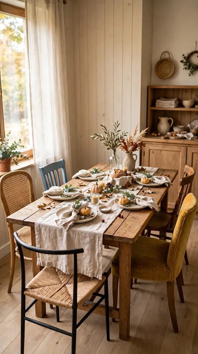 Long dining table surrounded by mismatched borrowed chairs in a small dining room