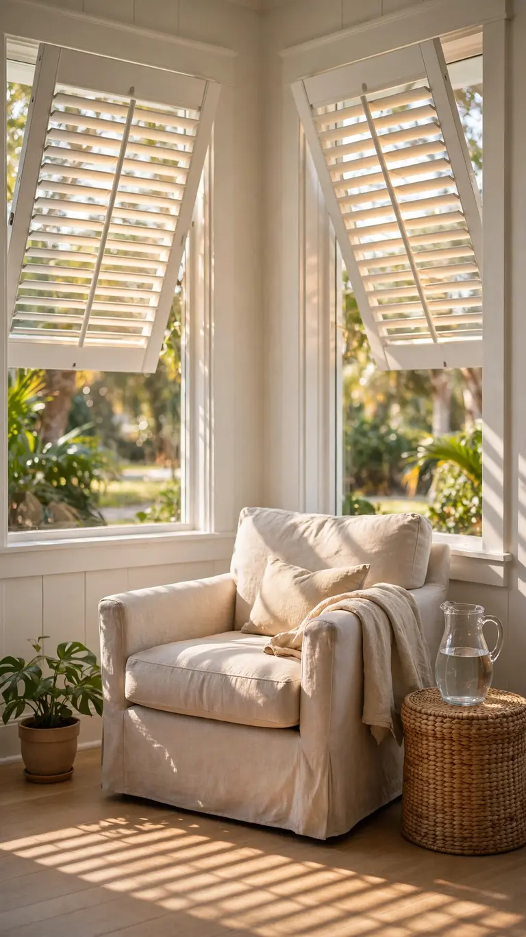 A bright bungalow living room with white louvered shutters angled to let in soft Florida sunlight.