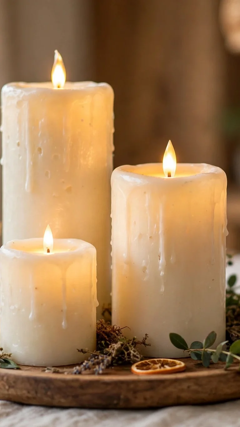Cluster of flameless LED pillar candles of varying heights on a wooden tray as a dinner table centerpiece