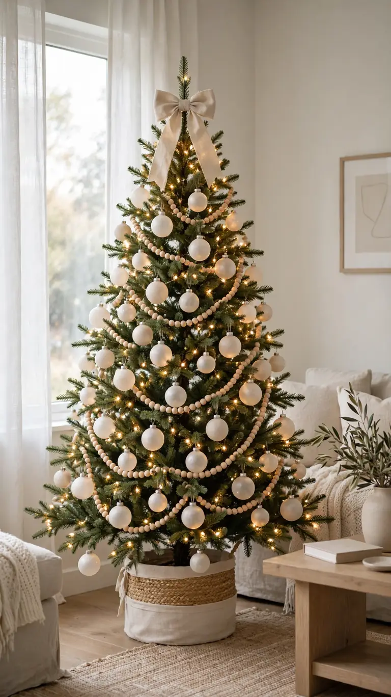 15 Neutral Christmas Decor Ideas for a Calm, Minimalist Home 2 Christmas tree decorated with cream and ivory ornaments and warm white lights in a minimalist room