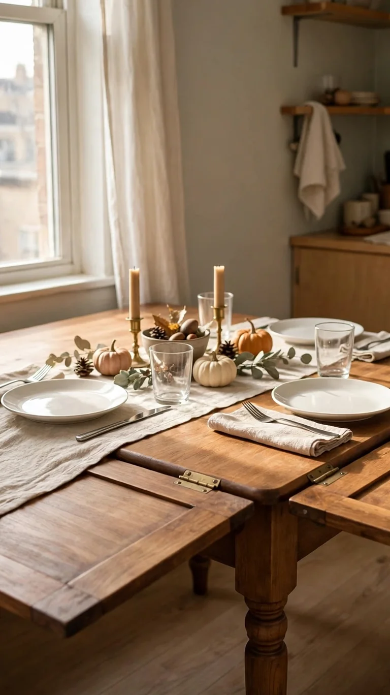 Drop leaf table opened up and styled for Thanksgiving dinner
