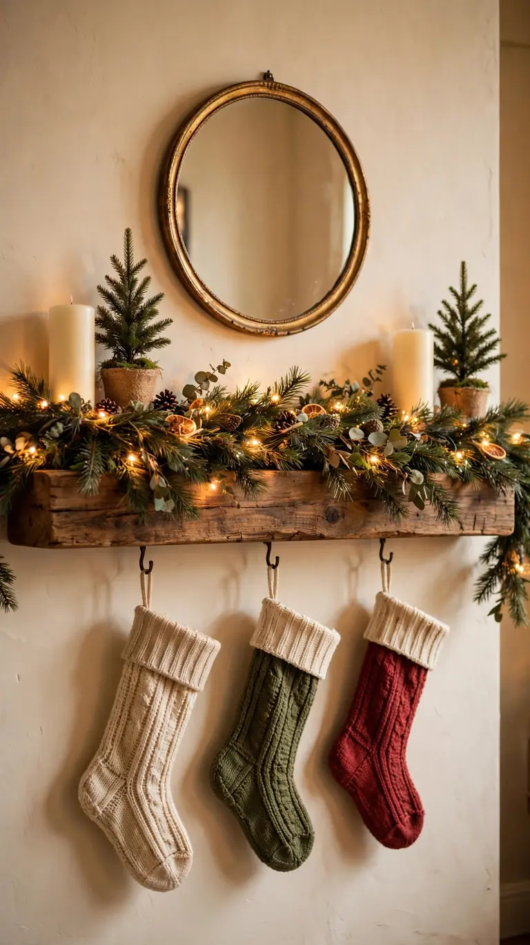 24 Festive Christmas Mantel Alternatives for Homes Without a Fireplace 2 A thick wooden floating shelf styled like a Christmas mantel with garland, stockings hanging beneath, and candles at each end