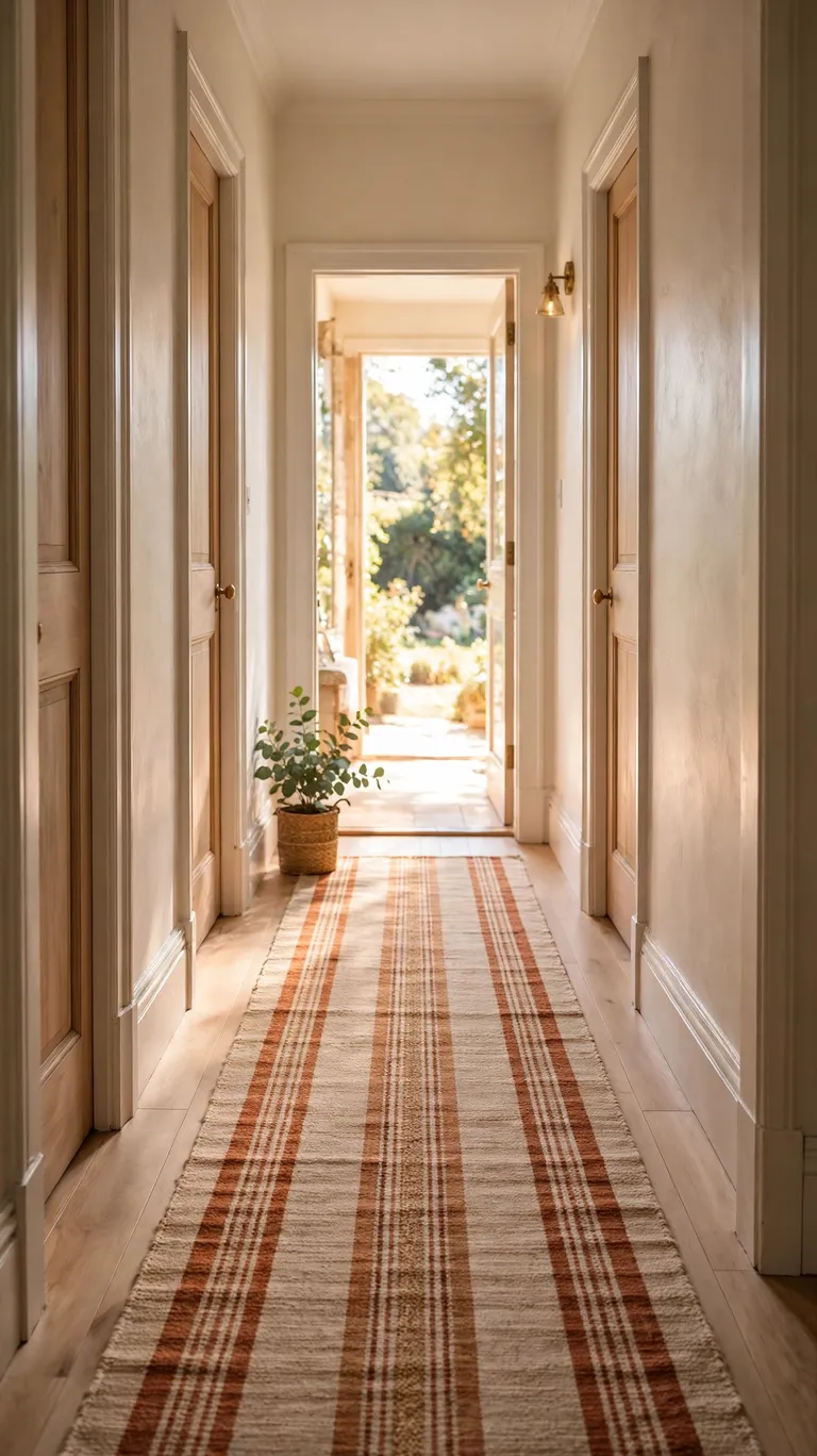 A long hallway with a striped runner rug leading toward a bright doorway.