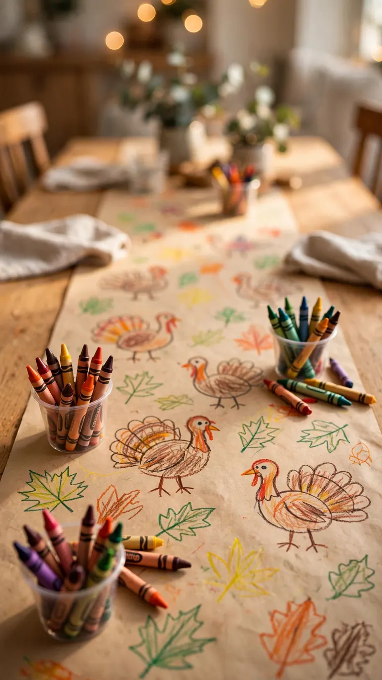 Kraft paper runner on kids table covered in crayon drawings