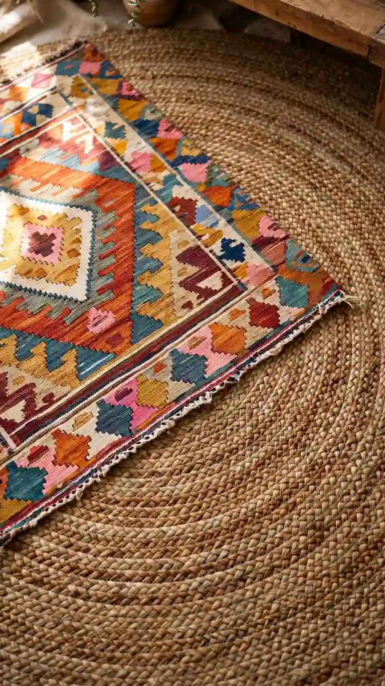 Boho living room floor with a patterned rug layered over a large natural jute rug.