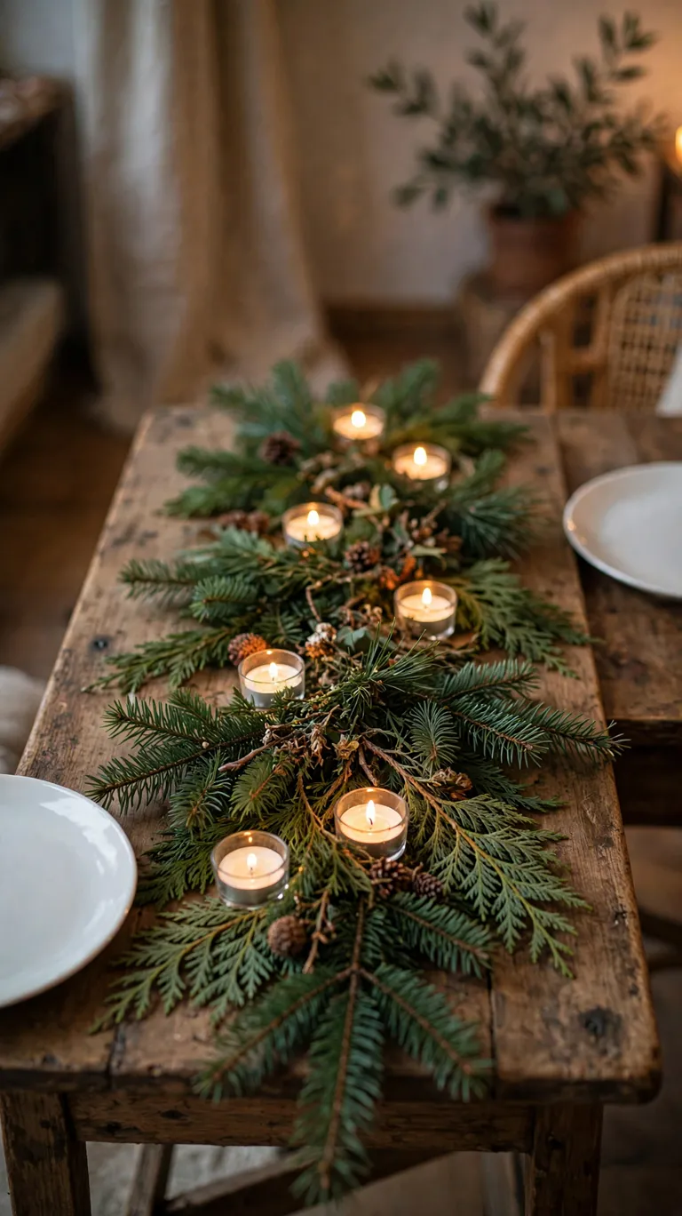 20 Beautiful Christmas Table Settings for Small Dining Spaces 2 Low trail of fresh evergreen sprigs with tea lights down the center of a small Christmas table