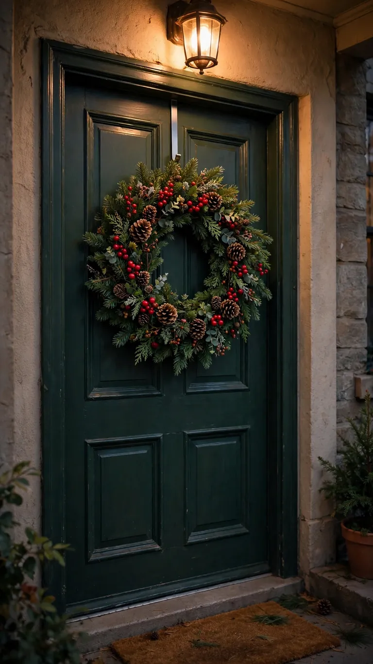 Christmas wreath hanging on a front door with an over-door hook