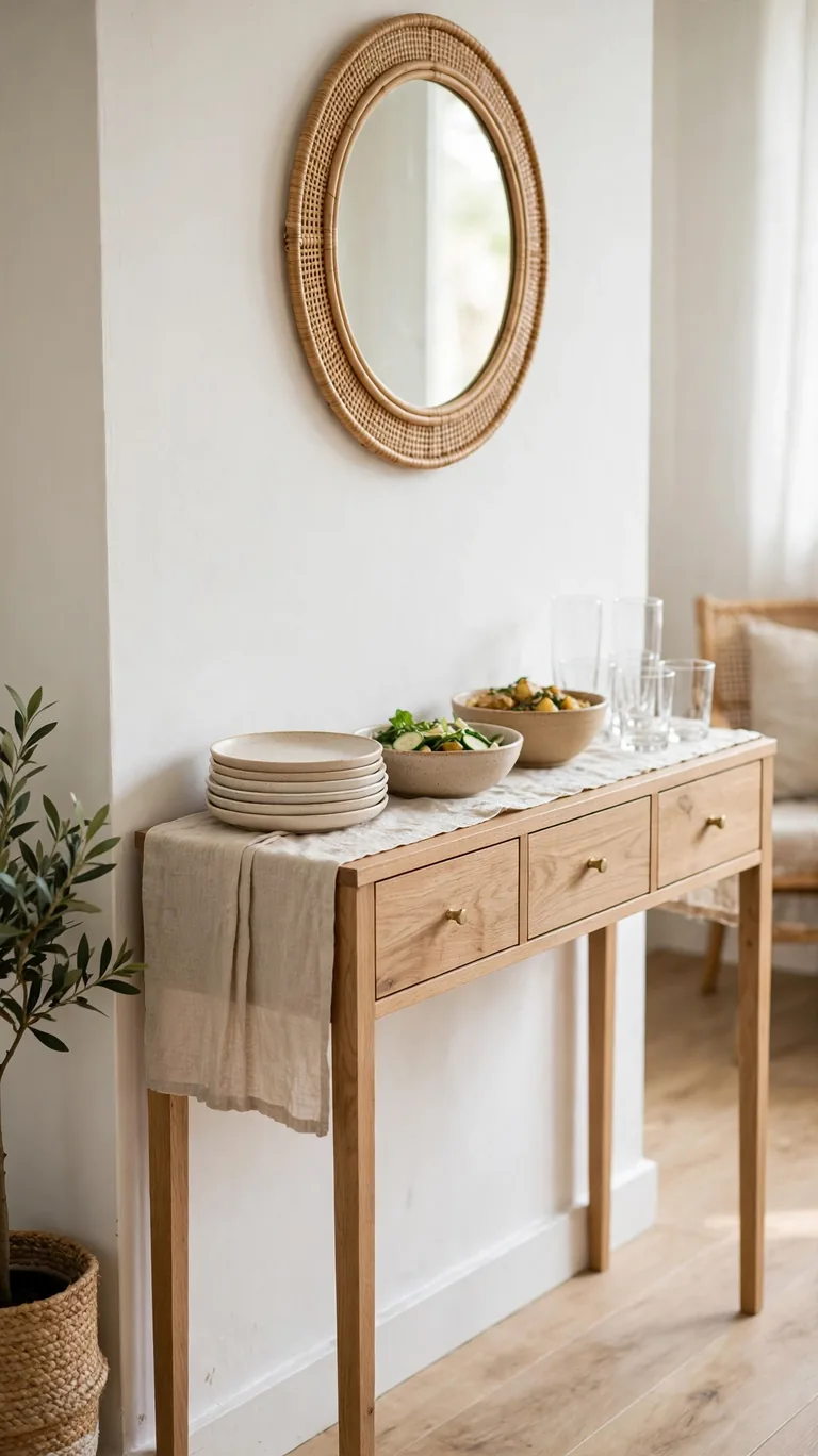 Slim console sideboard against a wall styled as a one direction buffet line with plates and serving bowls