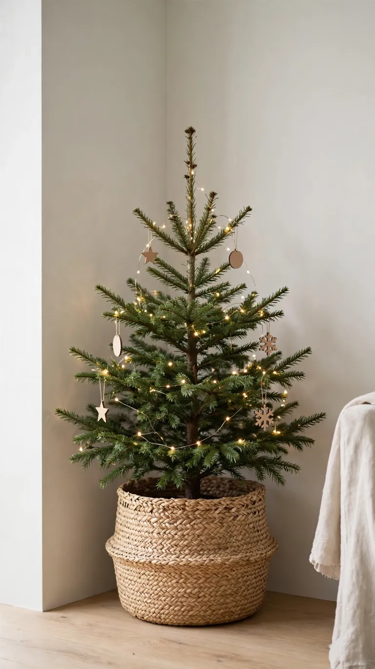 A small Christmas tree with warm white lights sitting in a woven basket in a living room corner.