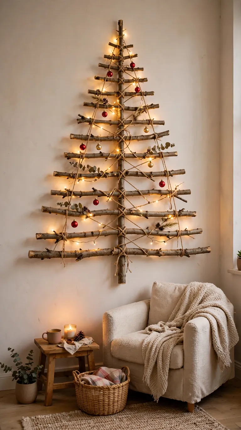 Rustic wall Christmas tree made of natural branches arranged in a triangle with twine and fairy lights